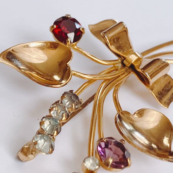 Mid Century Gold Vermeil Sterling Rhinestone Floral Spray Bow Brooch 1940s 1950s - Picture 5 of 8